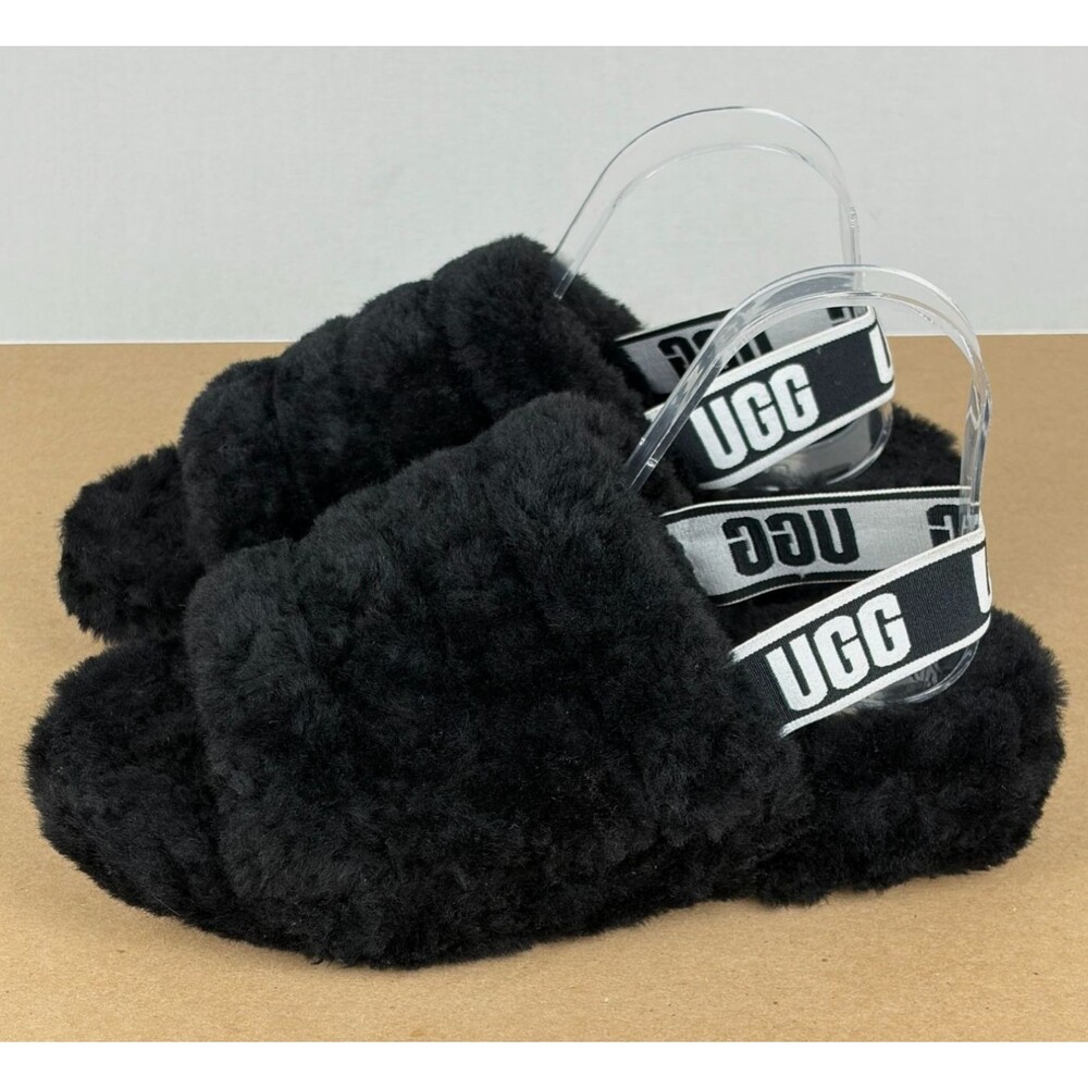 UGG Fluff Yeah Slingback Slippers 8 Women Black Shoes Sheepskin Platform Sandals